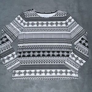 Talbots Fair Isle Long Sleeve Crew Neck Tee Top, Black White XL Pullover‎